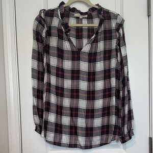 LOFT Black and Red Plaid Ruffle Blouse